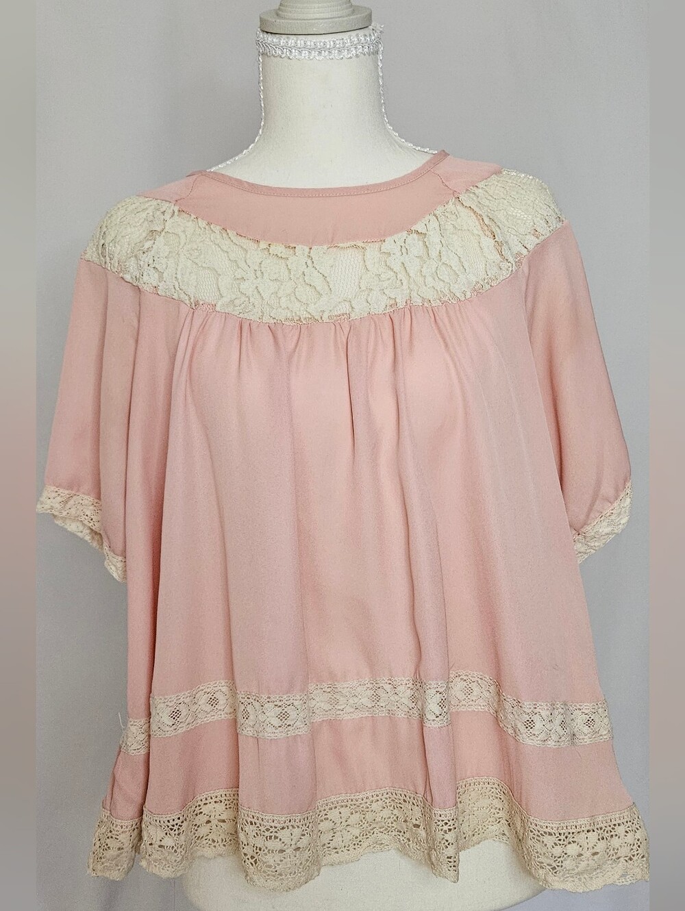Pink Lace Coquette Boho Tunic Blouse Cottagecore Size Small